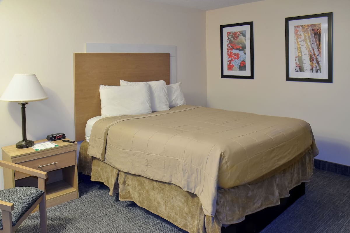 A hotel room with a bed, a nightstand, a lamp, and two framed pictures on the wall.
