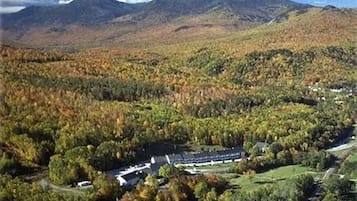 Um edifício grande rodeado por uma floresta densa, com uma montanha ao fundo.