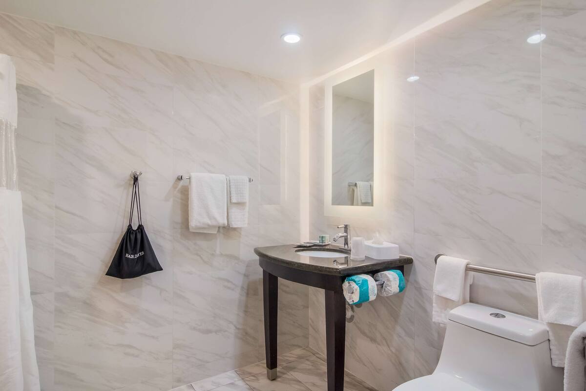 free toiletries, hair dryer, towels, soap