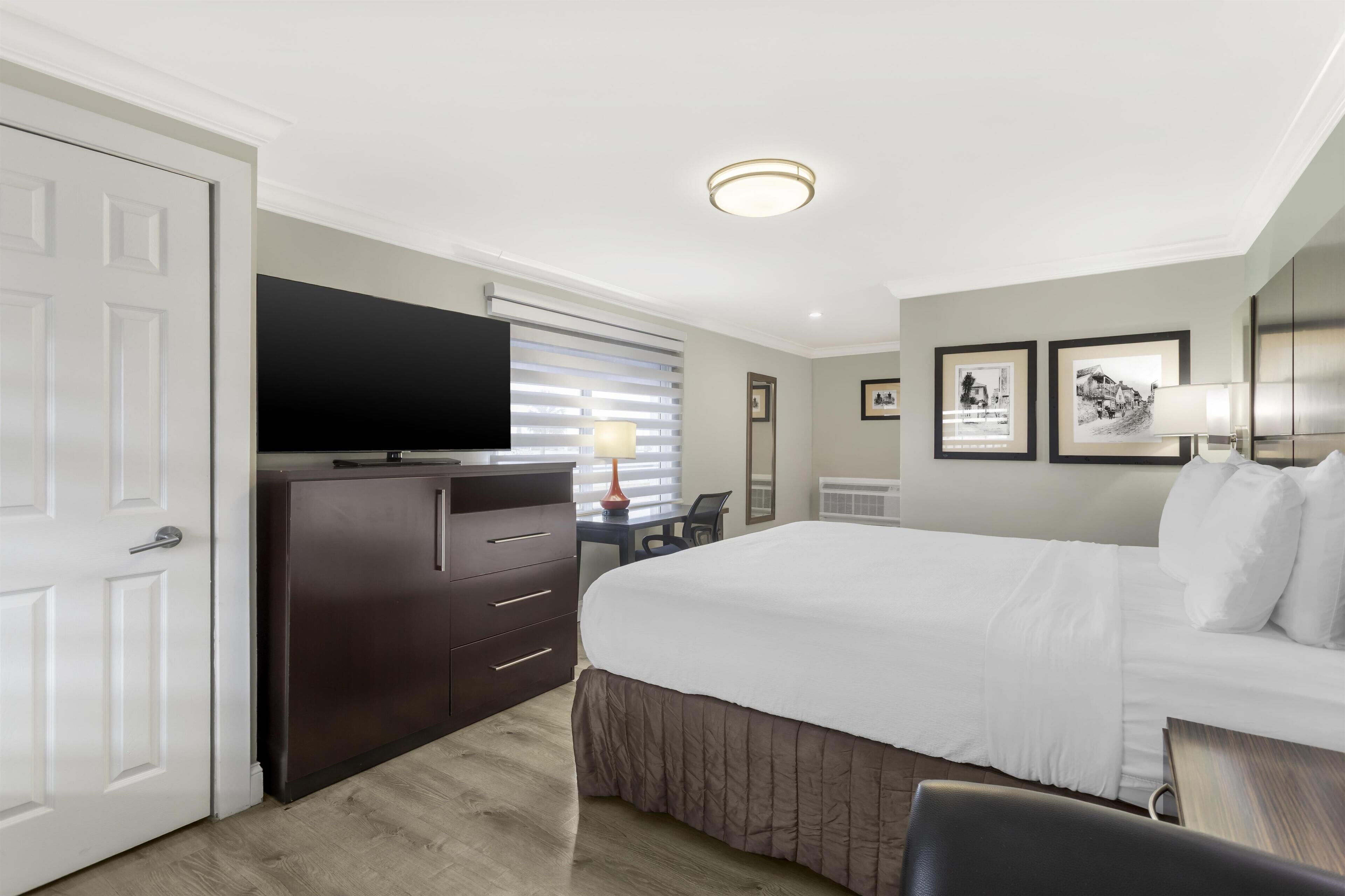 Een hotelkamer met een groot bed, een televisie op een dressoir, een bureau met stoel, en ingelijste foto's aan de muur.