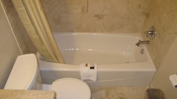 Combined shower/tub, eco-friendly toiletries, towels, soap