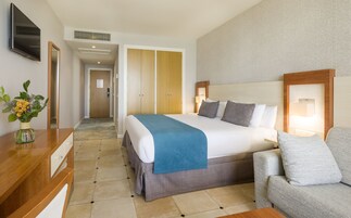 Habitación de hotel con cama, escritorio, silla, televisor y baño con ducha.
