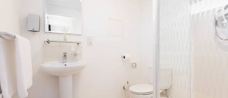 Un baño moderno con lavamanos pedestal, inodoro y ducha con cerramiento de vidrio.
