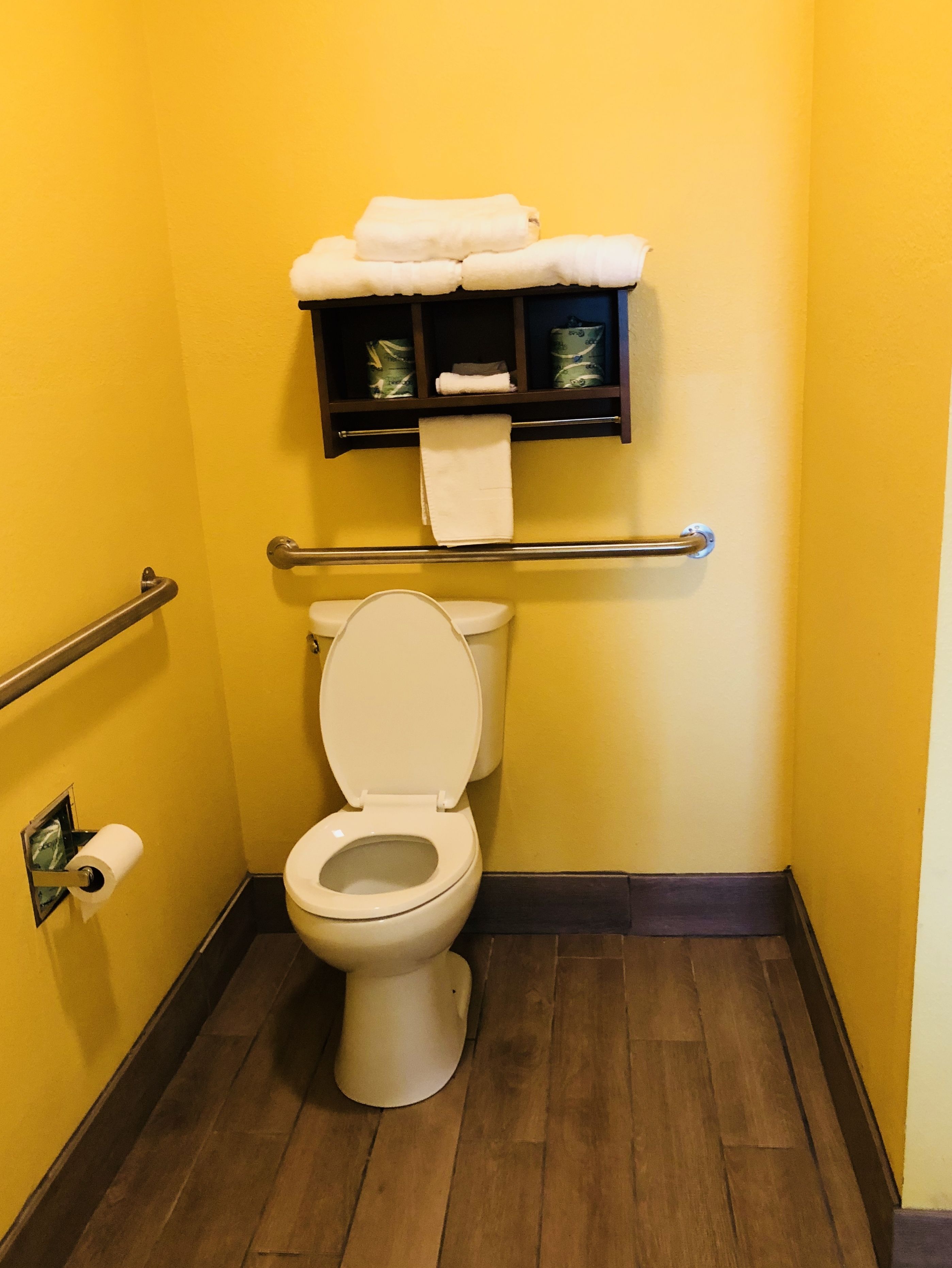 A small, narrow bathroom with a toilet, a handrail, and a shelf above the toilet holding a towel.