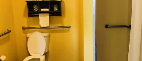 A bathroom with a toilet, a handrail, and a shower area.