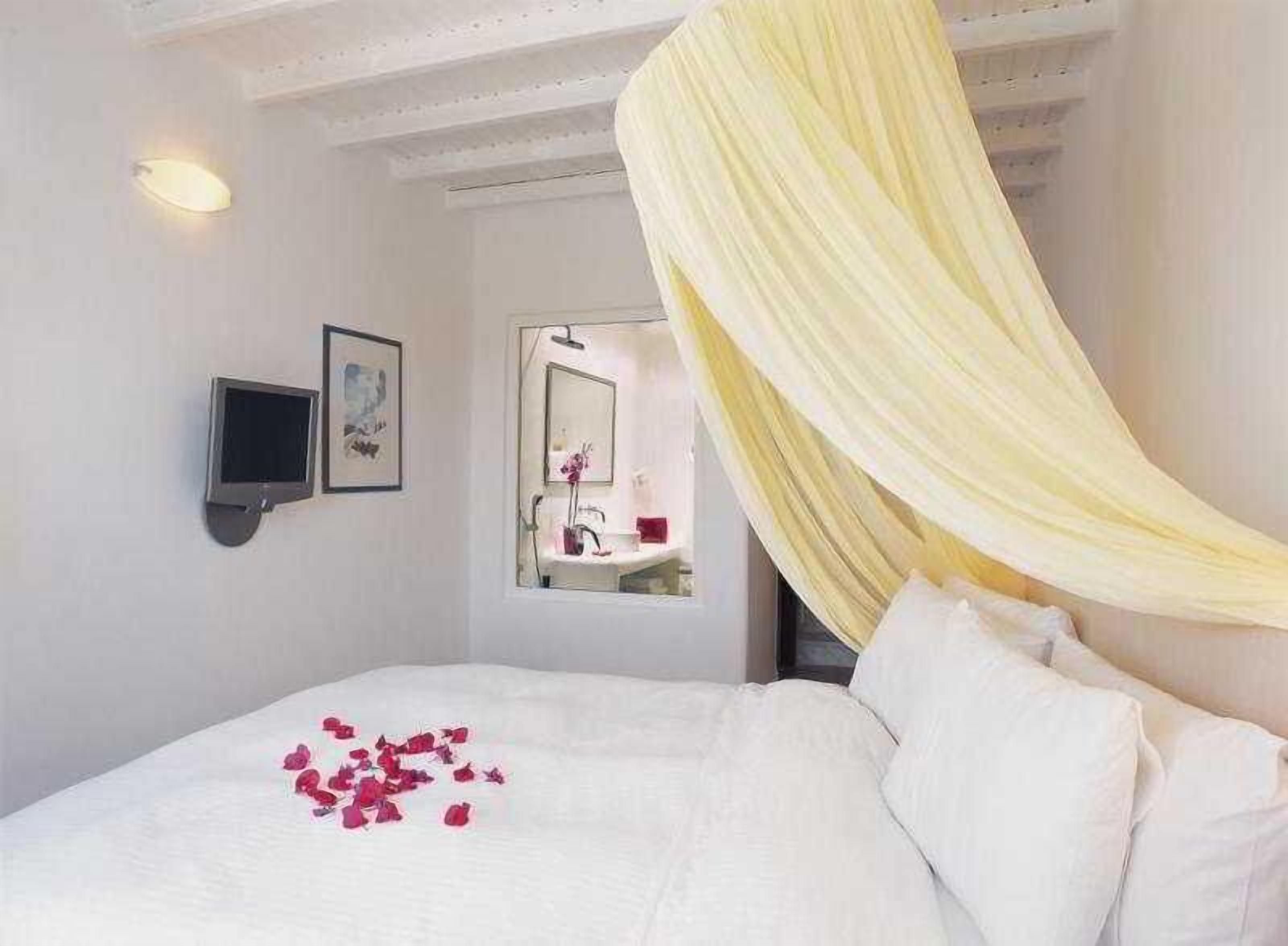 A bedroom with a bed, a television, a mirror, and a window.