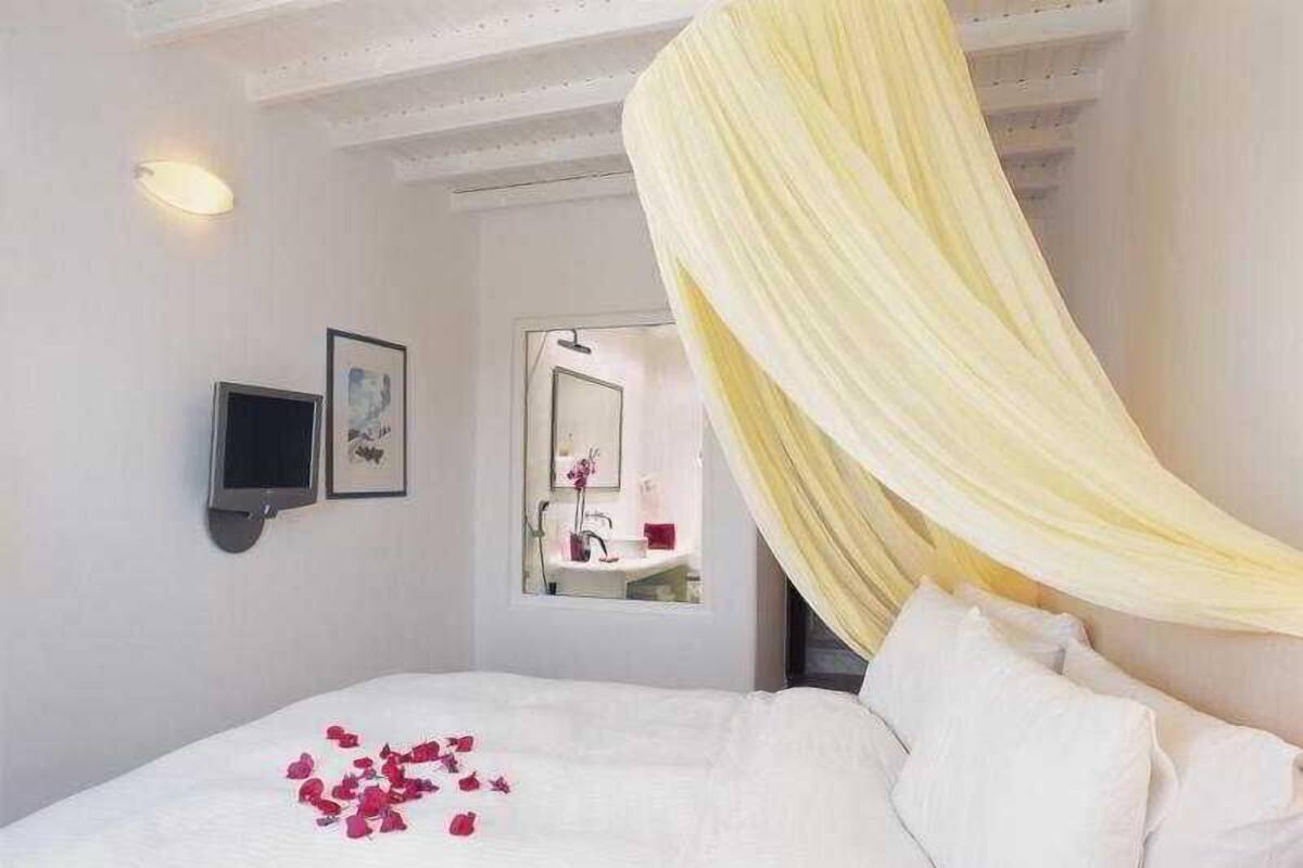 A bedroom with a bed, a television, a mirror, and a window.