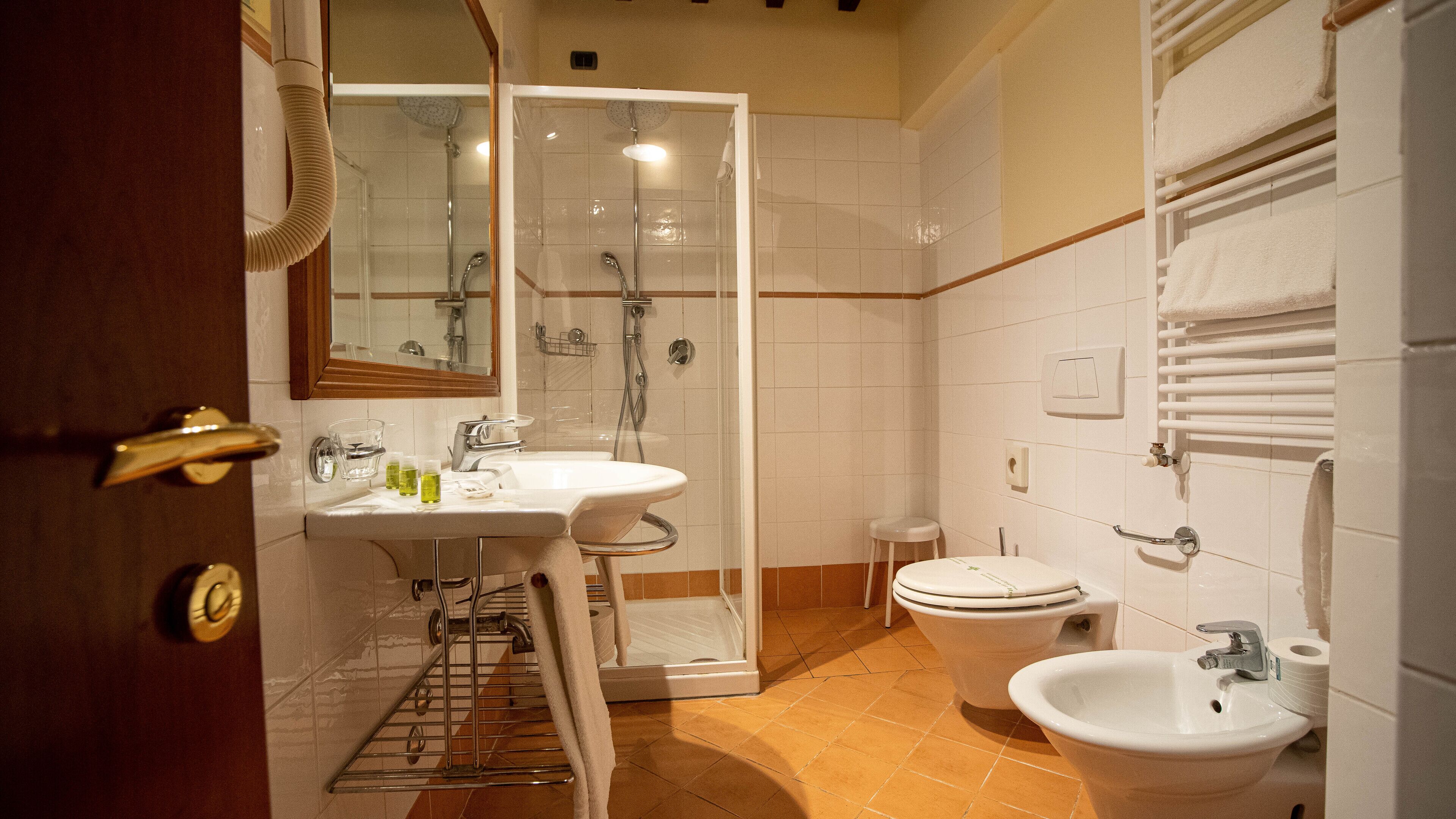 deluxe double room | bathroom | designer toiletries, hair dryer, bidet