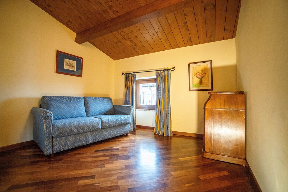 A room with a wooden ceiling, a blue patterned sofa, a wooden cabinet, and a window with curtains.