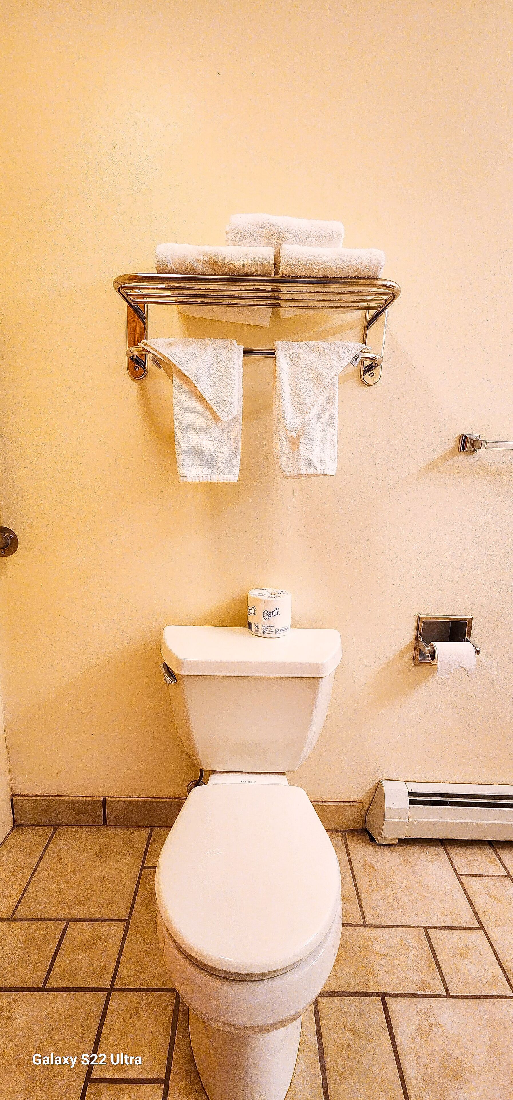 Ein Badezimmer mit einer Toilette vom Typ Galaxy S22 Ultra, einem Handtuchhalter mit zwei Handtüchern, einem Toilettenpapierhalter und einem an der Wand montierten Heizkörper.