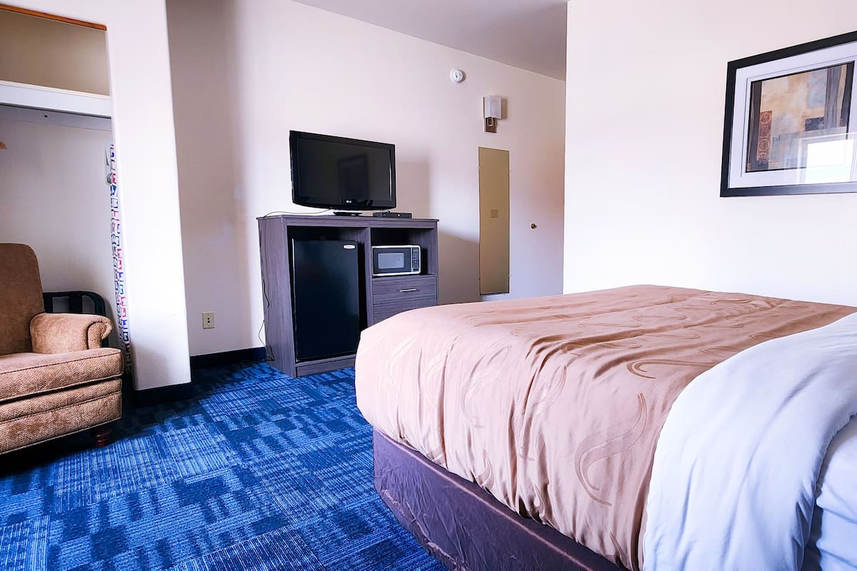 Quarto de hotel com uma cama, televisão, escrivaninha com micro-ondas e uma cadeira.