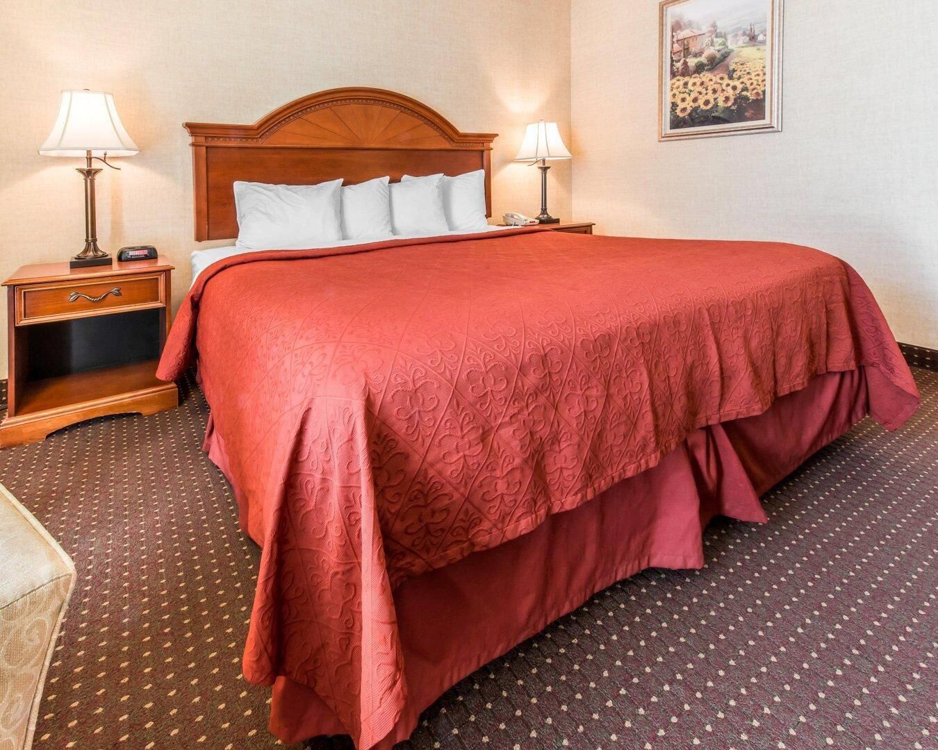A hotel room with a large bed, two bedside lamps, a nightstand, and a framed picture on the wall.