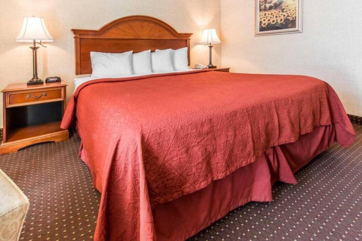 A hotel room with a large bed, two bedside tables with lamps, a nightstand, and a patterned carpet.
