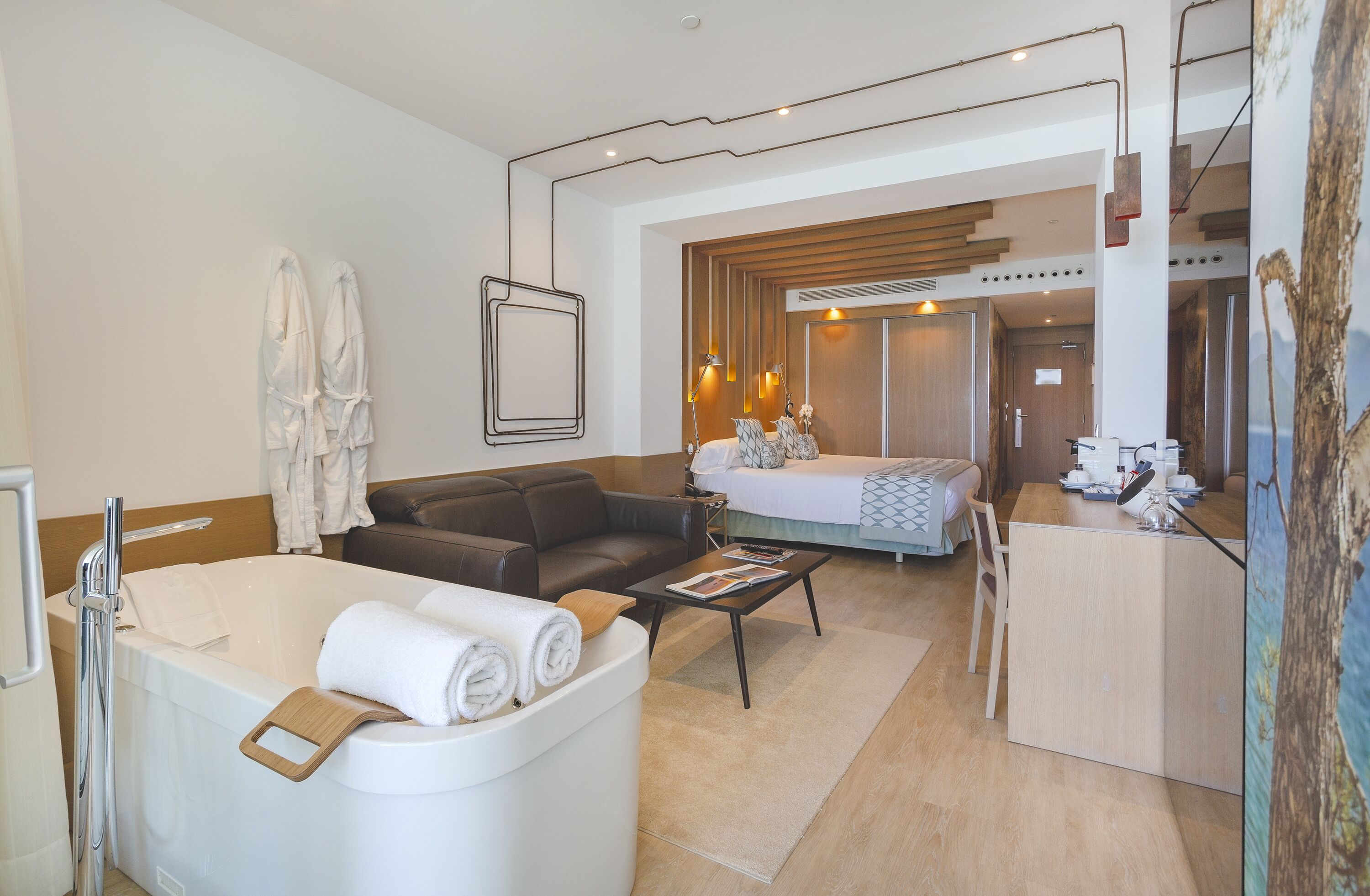 Una habitación de hotel moderna con una bañera, un sofá, una cama y un escritorio.