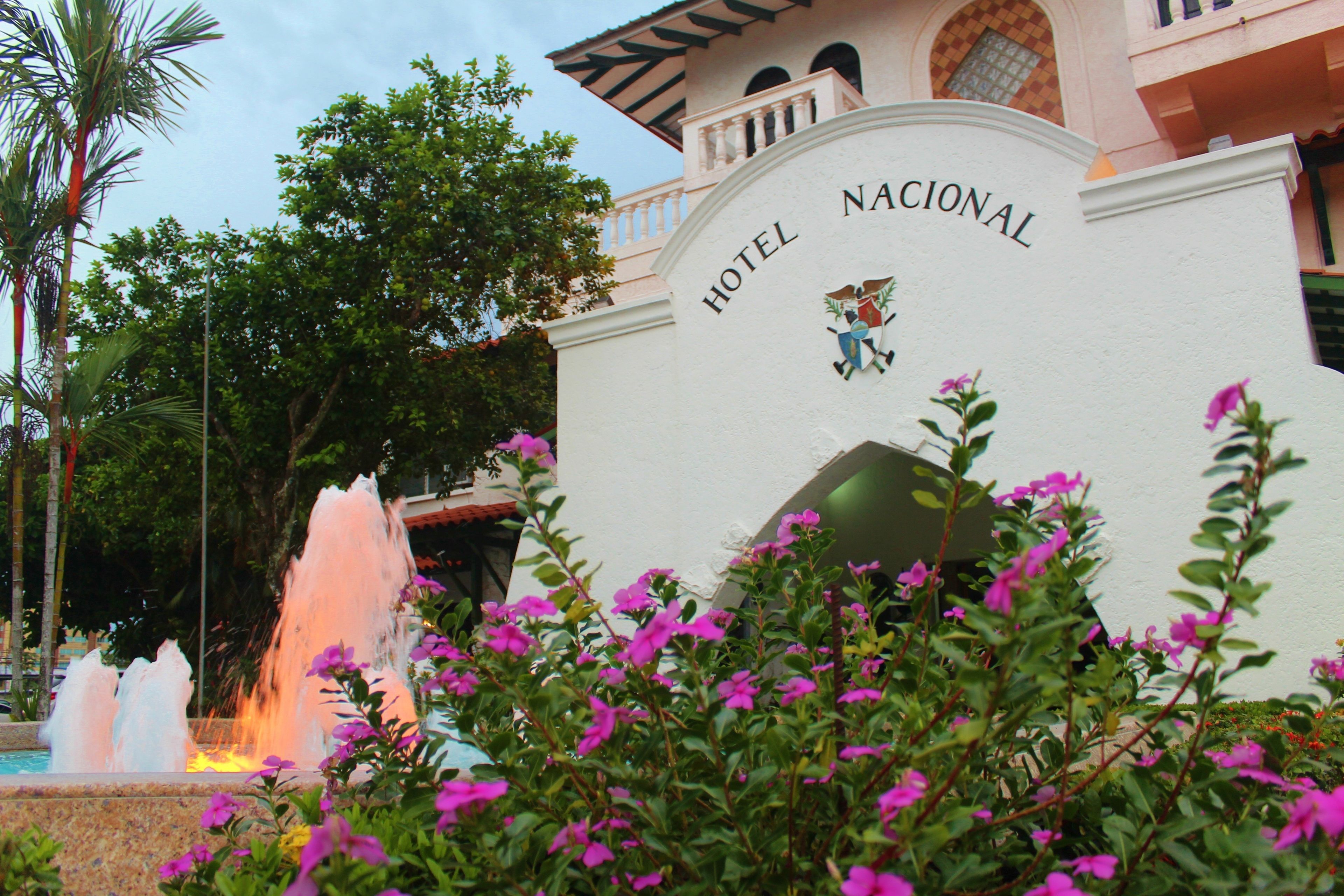 Entrada de hotel con una fuente y abundante vegetación.