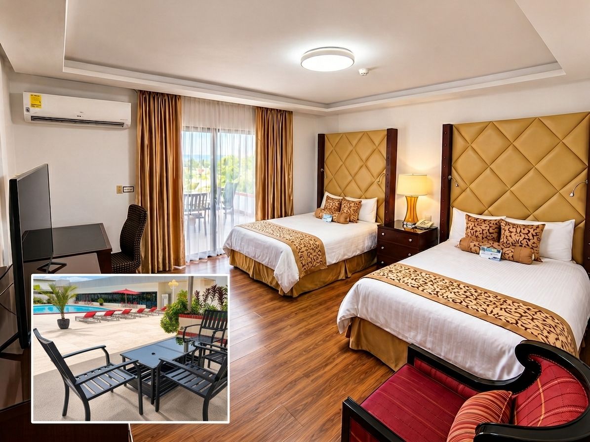 Habitación de hotel con dos camas, televisión, escritorio y vistas al área de la piscina.