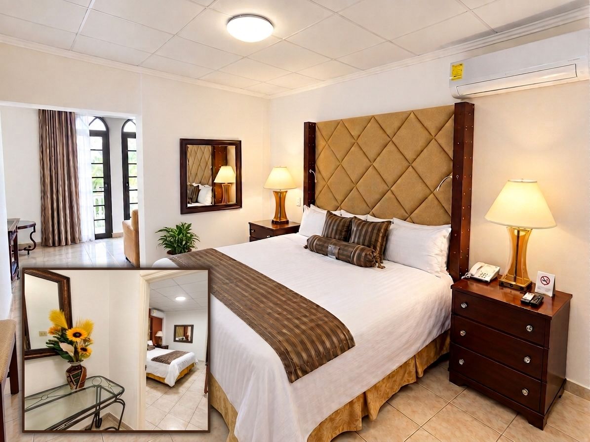 Una habitación de hotel con una cama grande, lámparas de noche, un aparador y un espejo.