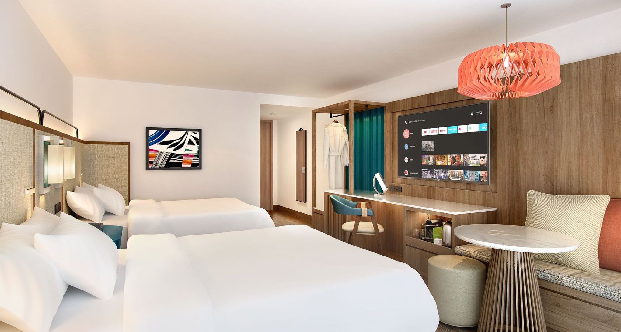 Ropa de cama hipoalergénica, caja fuerte, escritorio