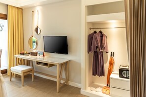 A hotel room with a desk, television, and a robe rack.