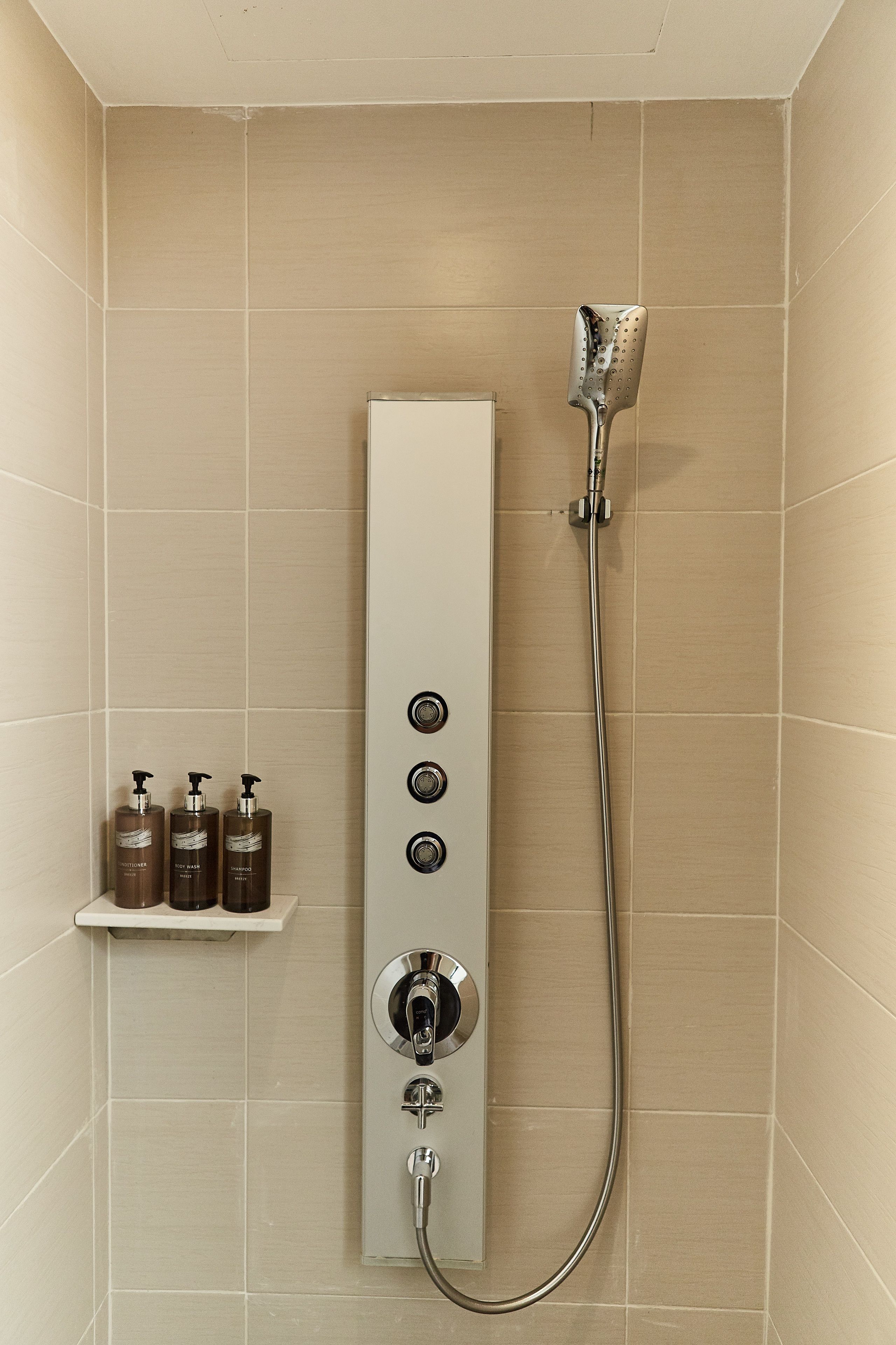 Ducha con cabezal de ducha de mano, panel de control en la pared y repisa con tres botellas.