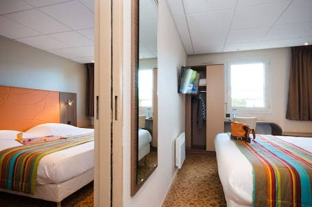 Desk, blackout drapes, soundproofing, iron/ironing board