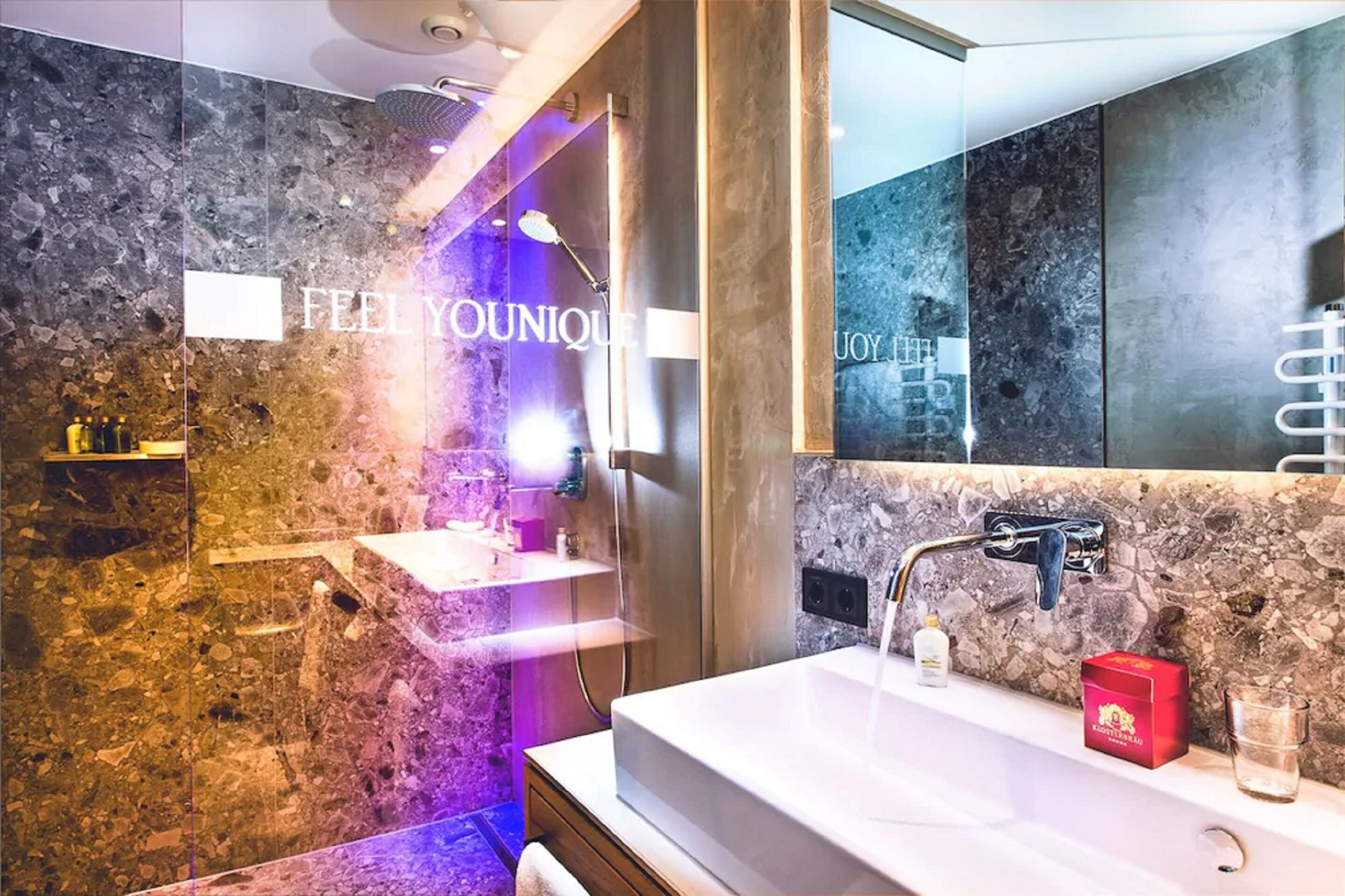 combined shower/bathtub, deep-soaking bathtub, designer toiletries