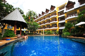 Outdoor pool, pool umbrellas, pool loungers