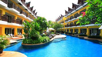 Outdoor pool, pool umbrellas, pool loungers