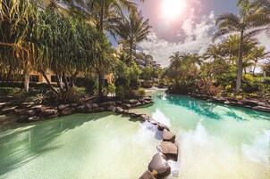 Outdoor pool, a heated pool, sun loungers