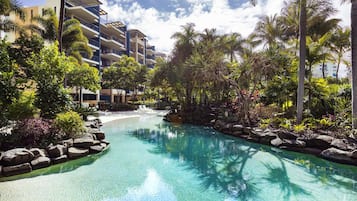 Outdoor pool, a heated pool, sun loungers