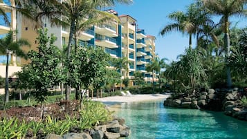 Outdoor pool, a heated pool, sun loungers