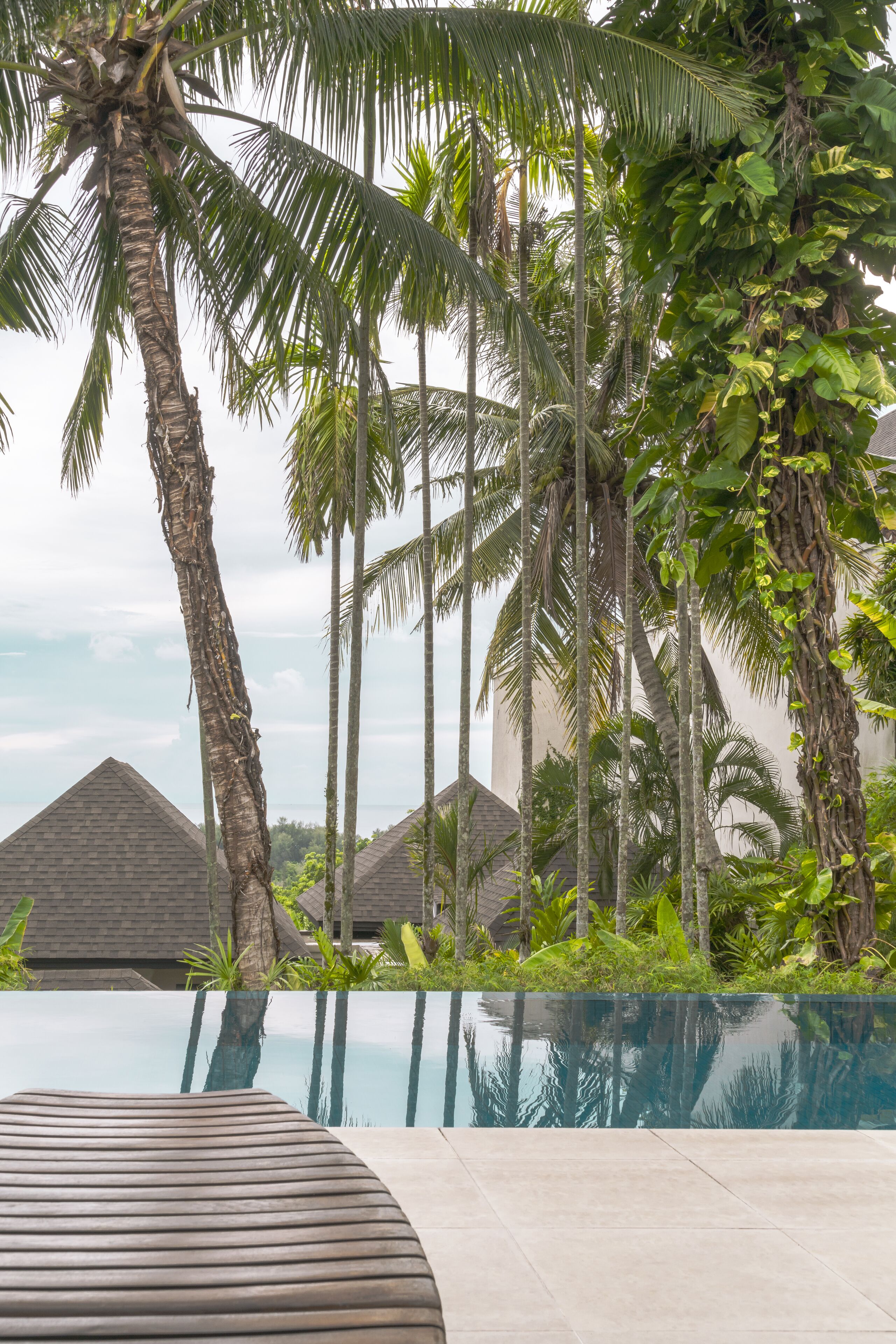 A poolside area with a clear view of palm trees and a building with a sloped roof.