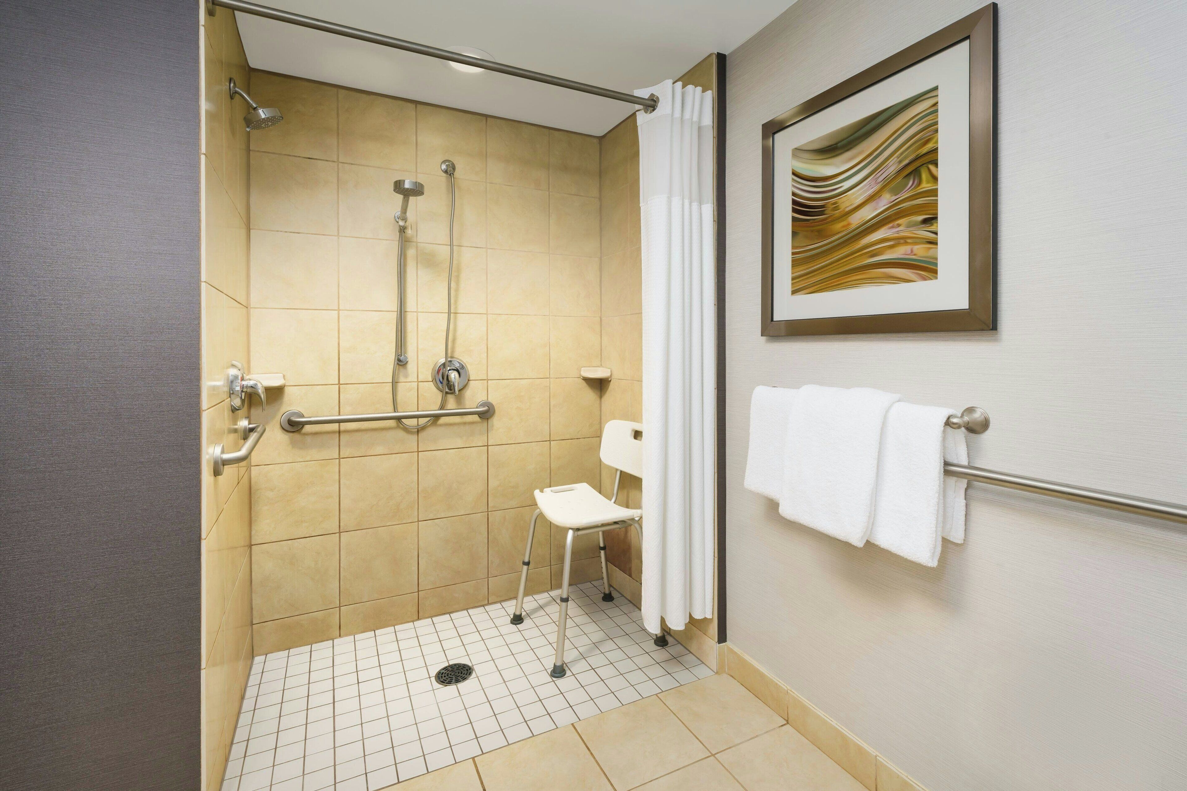 combined shower/bathtub, free toiletries, hair dryer, towels