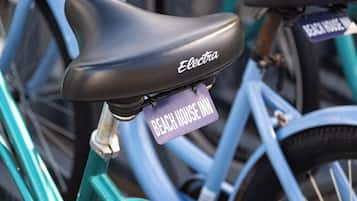 A bicycle with a black seat labeled 'Electra' and a purple license plate reading 'BEACH HOUSE INN.'