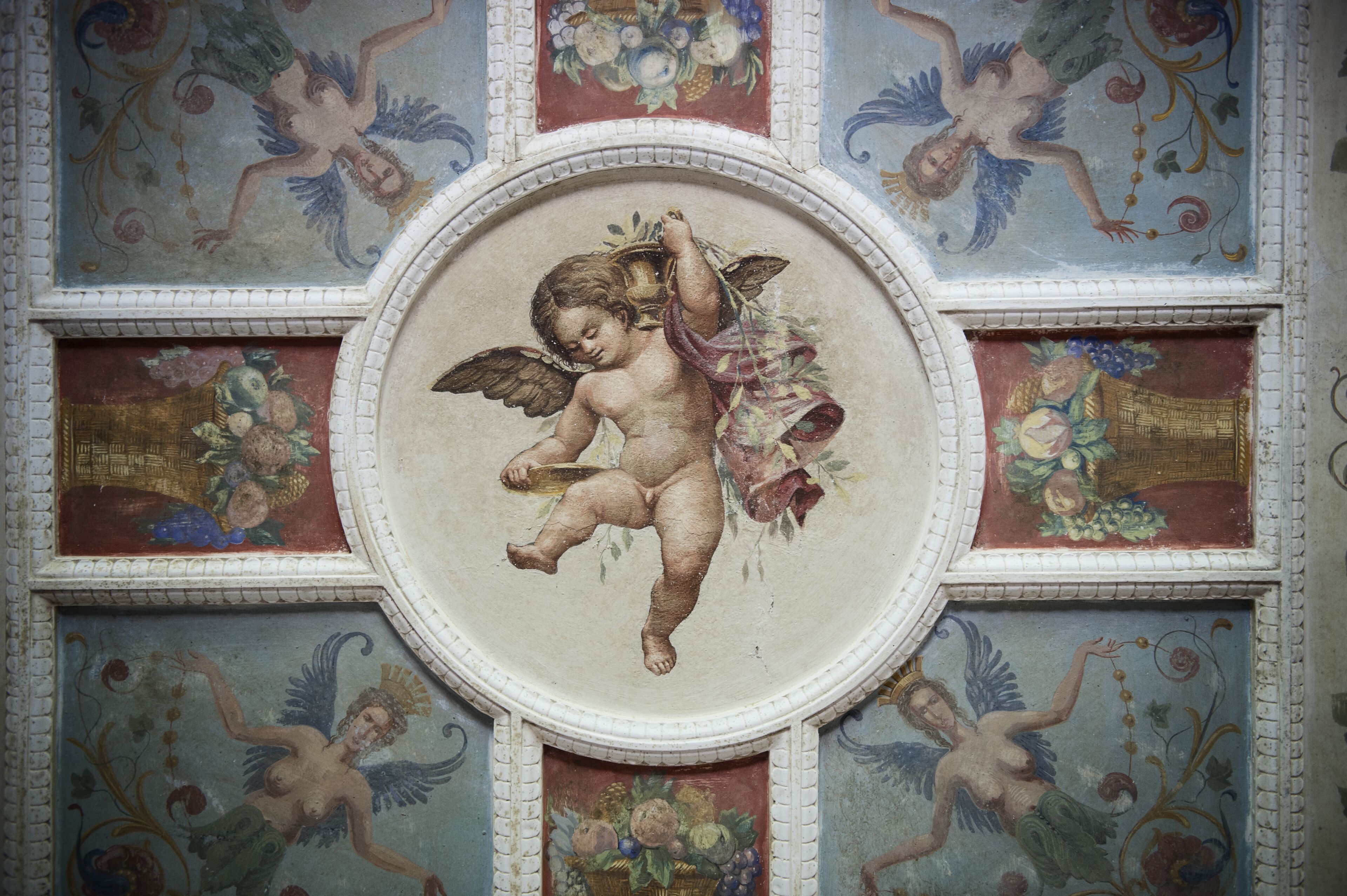 Affresco di cherubini su un soffitto con elaborate decorazioni floreali e di frutta.