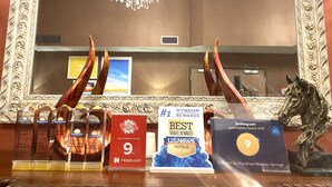 Et receptionområde med et stort spejl, anerkendelser for Days Inn, og en statue af en hest.
