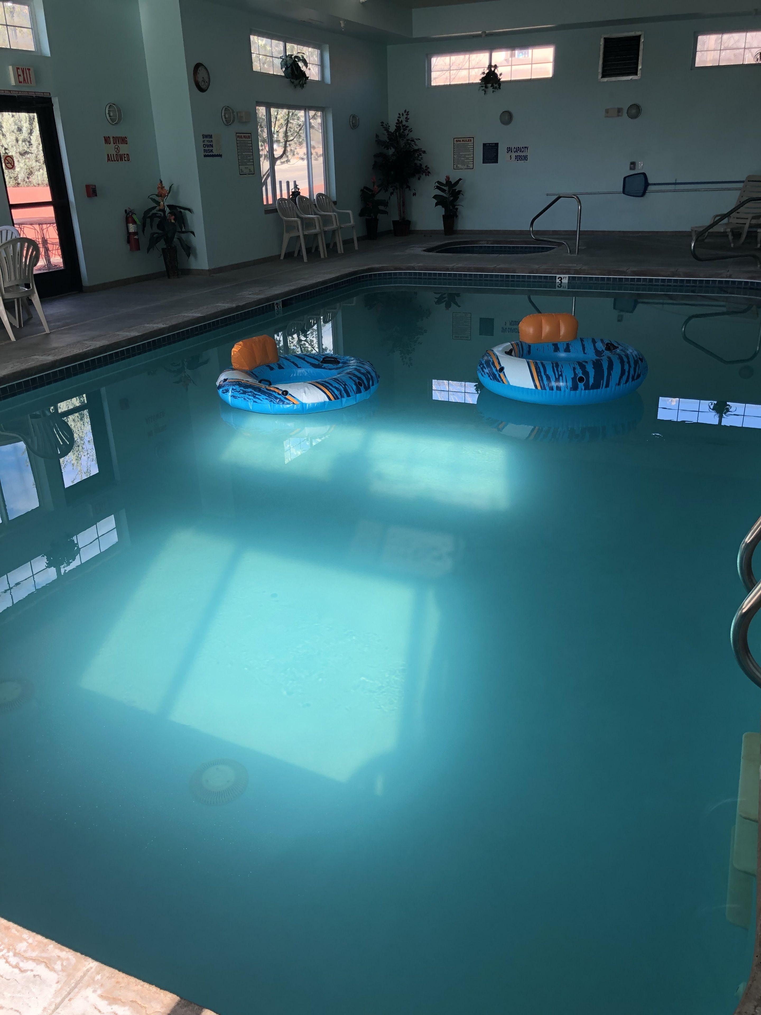 An indoor swimming pool with two blue inflatable rings, chairs, and potted plants.