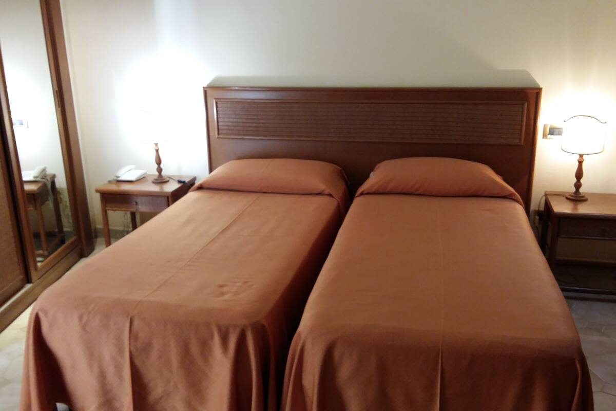 A hotel room with two single beds, wooden headboards, bedside tables with lamps, and a mirror on one wall.