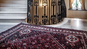 A grand staircase with ornate black railings, a patterned carpet, and a potted plant. - Grand Hotel Bastiani (Grosseto)