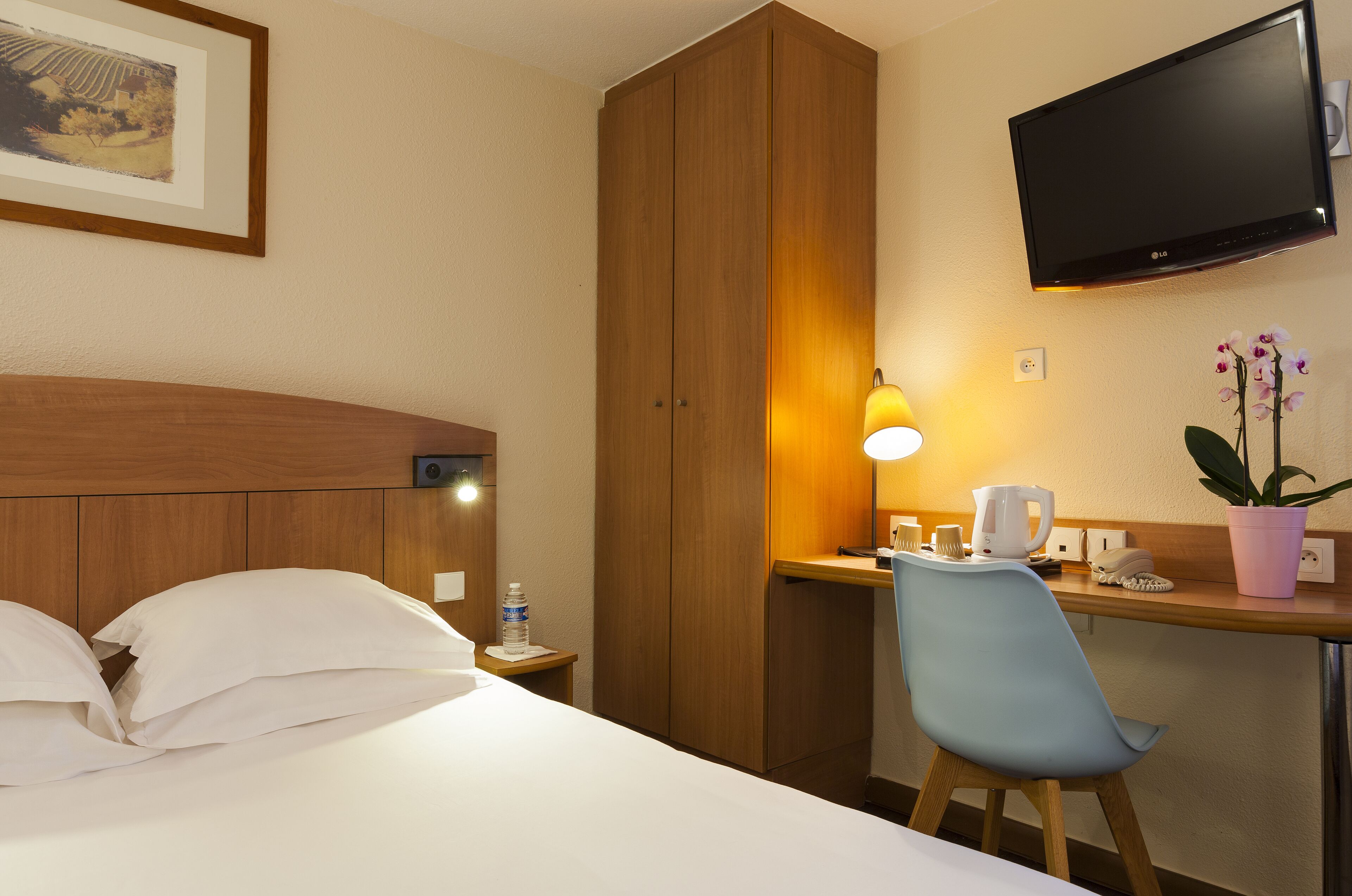 A hotel room with a bed, desk, chair, TV, and a potted plant.