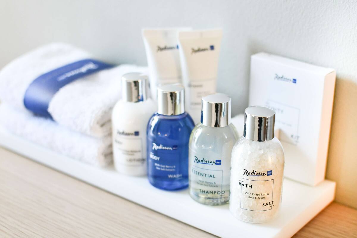 free toiletries, hair dryer, heated floors, towels