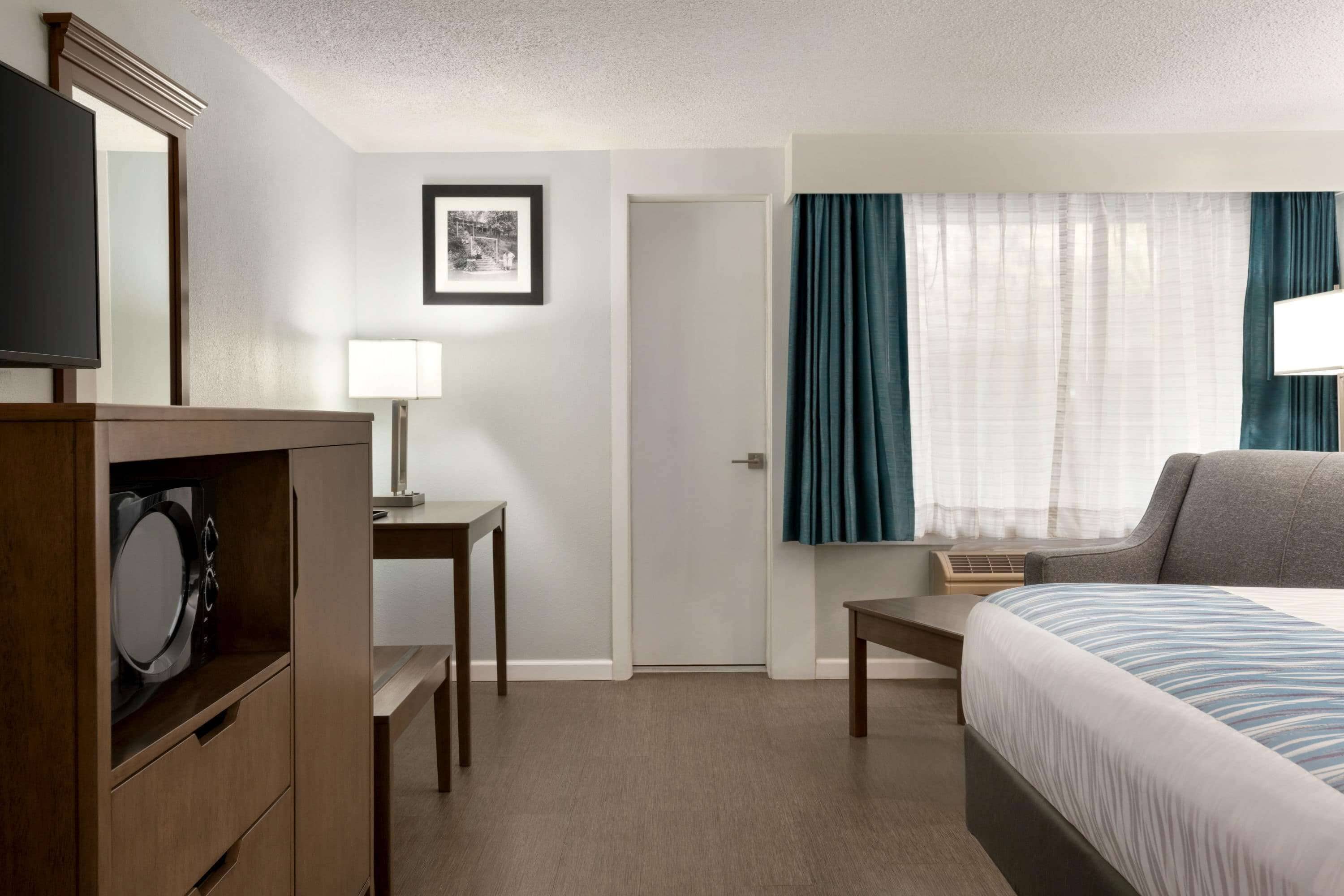 Una camera d'albergo con un letto, una scrivania, una televisione e una porta.