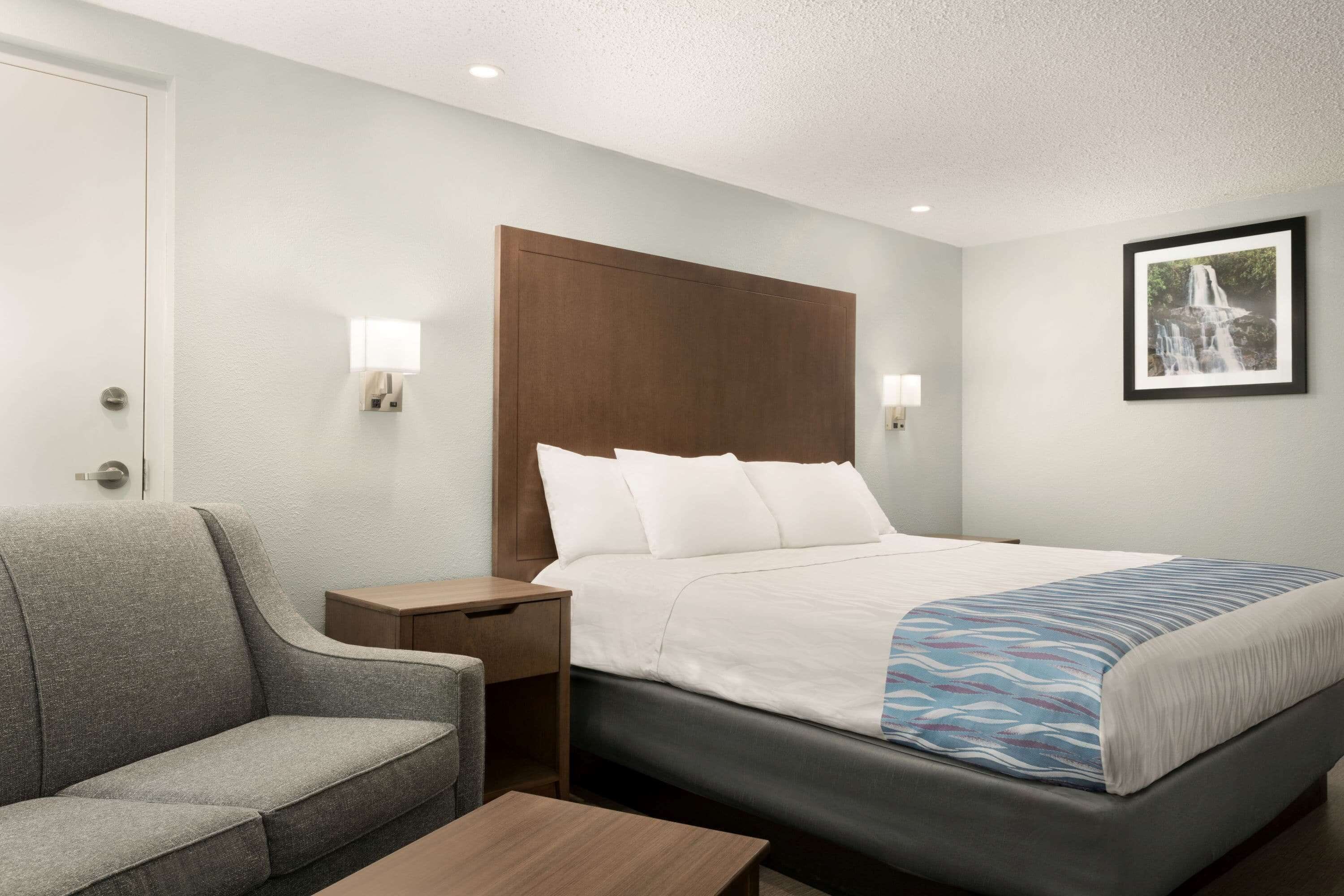 Une chambre d’hôtel avec un lit, un canapé gris, une table de chevet en bois et un tableau encadré au mur.