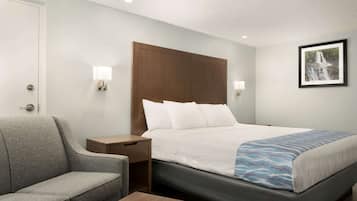 Une chambre d’hôtel avec un lit, un canapé gris, une table de chevet en bois et un tableau encadré au mur.