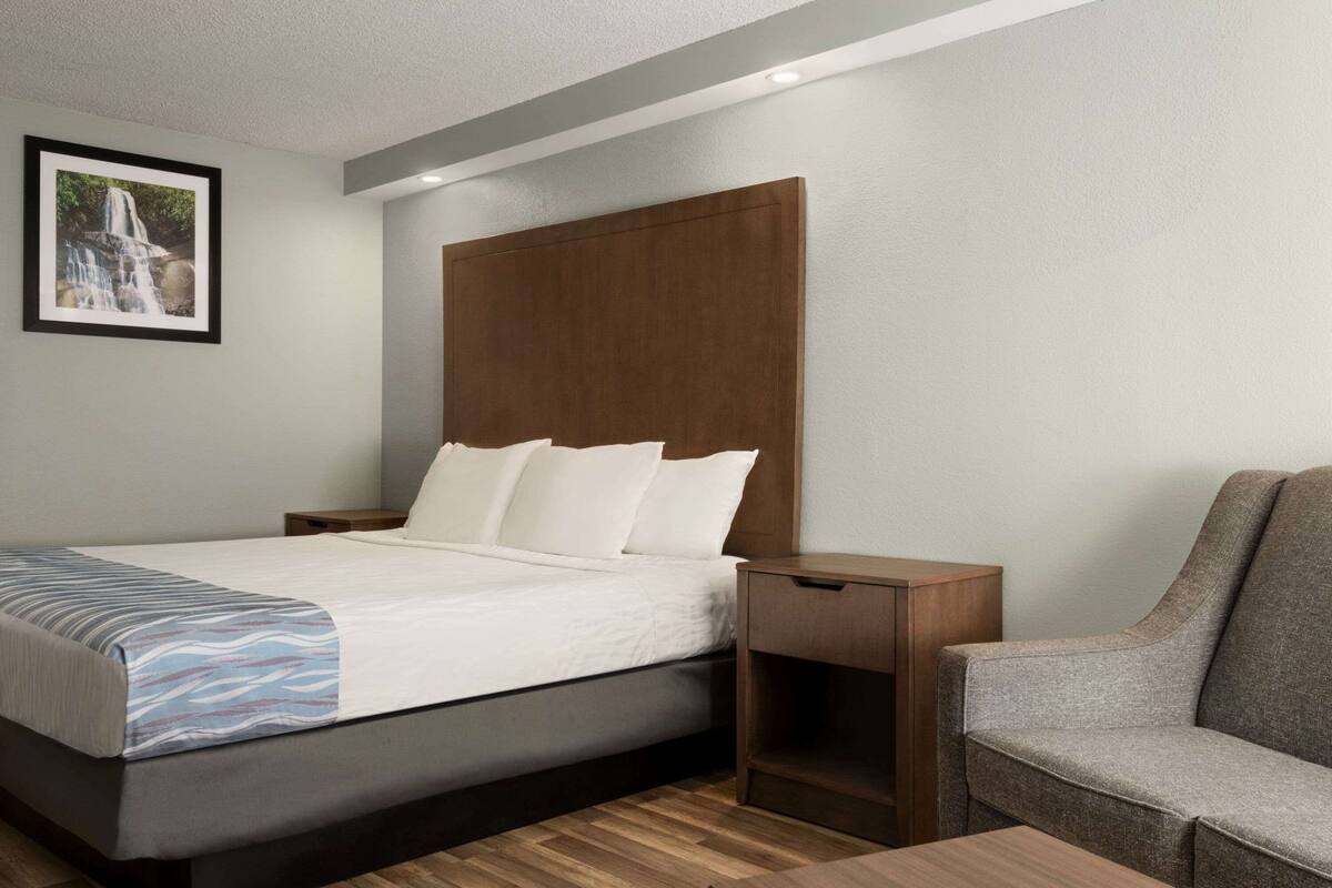 Une chambre d’hôtel bien rangée, avec un lit, une table de chevet, un canapé et un tableau encadré au mur.