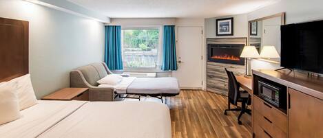 Habitación de hotel con dos camas, un escritorio con televisor, chimenea y ventana con cortinas.
