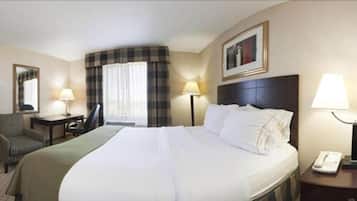 Una habitación de hotel con una cama grande, una silla, un escritorio y una lámpara.