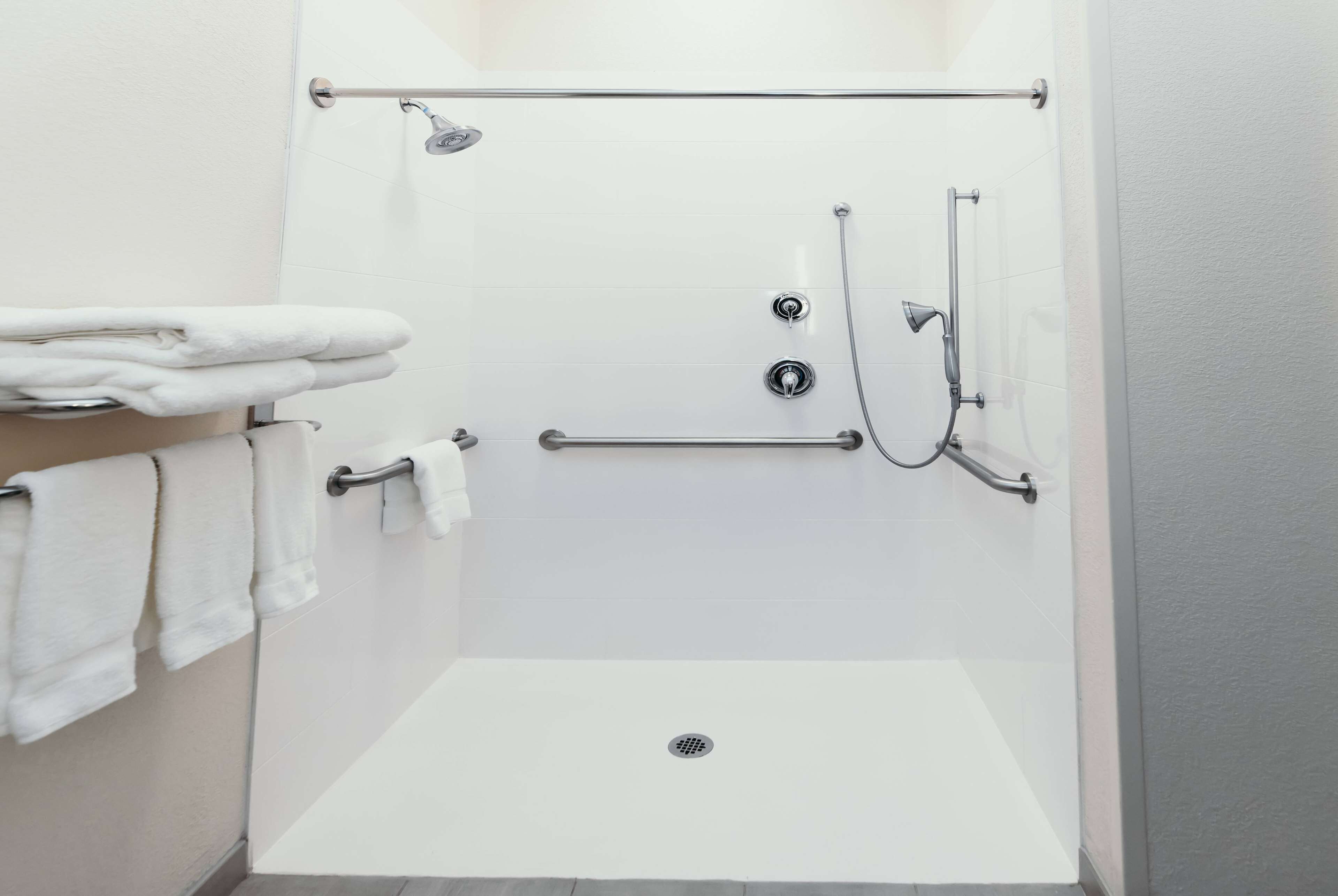 room, 1 king bed, accessible, non smoking (mobility, roll-in shower) | bathroom | hair dryer, towels