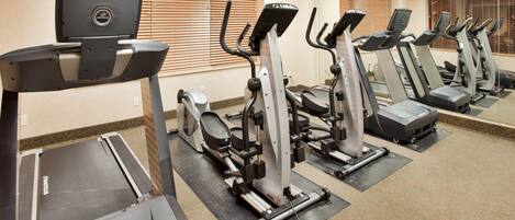 A gym with multiple treadmills and elliptical machines, arranged in rows with mirrors on the walls.