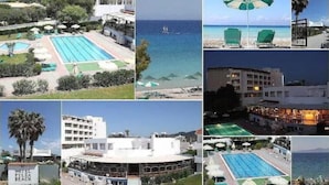 A hotel with a swimming pool, beach umbrellas, and a view of the ocean.